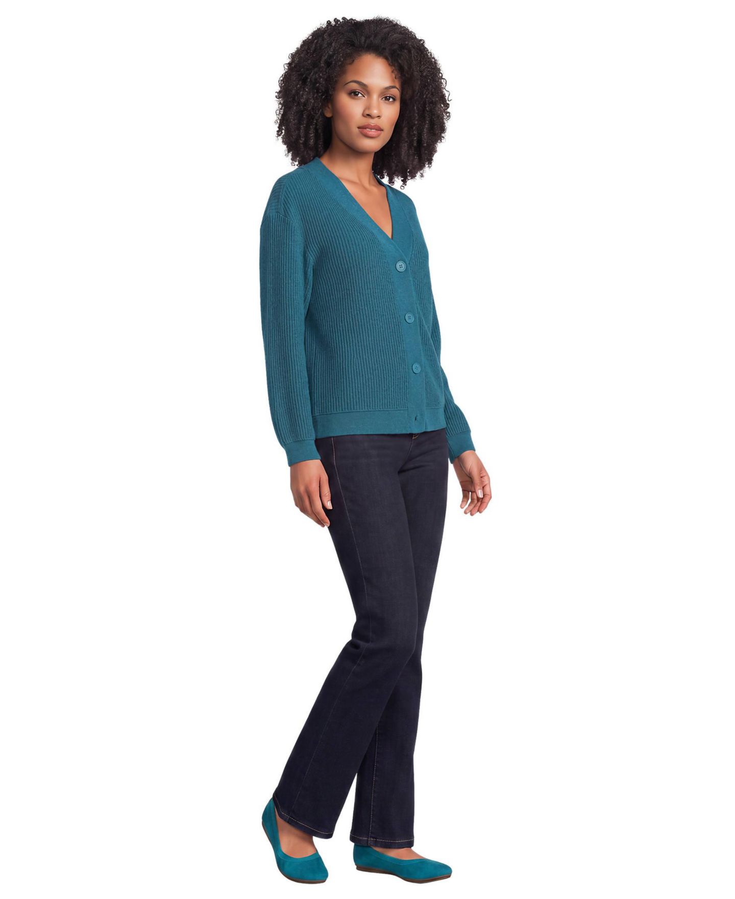 Женский кардиган Lands' End Waffle-Knit V-Neck Cotton-Blend, цвет: Бирюзовый меланжевый — фото 4