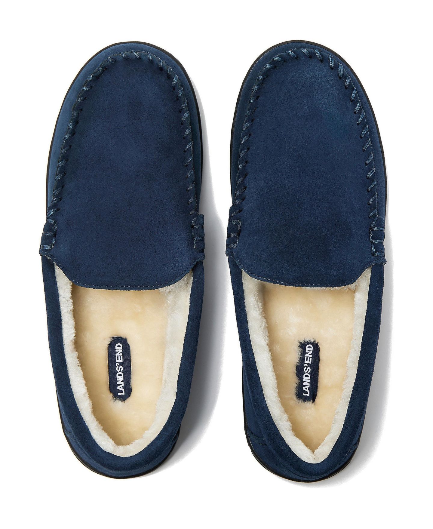Мужские тапочки Lands' End Wide Width Suede Fuzzy-Lined Moccasin Slippers, цвет: Тёмно-синий замшевый — фото 2