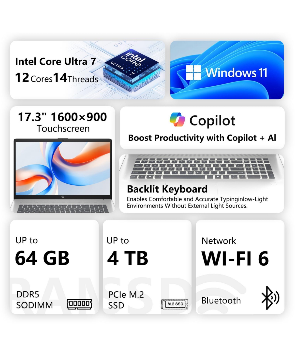 Hp Essential Laptop, 17.3" Hd+ Touchscreen, Intel Core Ultra 7 255U, Intel Graphics, 64GB DDR5 Ram, 1TB PCIe M.2 Ssd, Wi-Fi 6, Windows 11 Home, Silver
