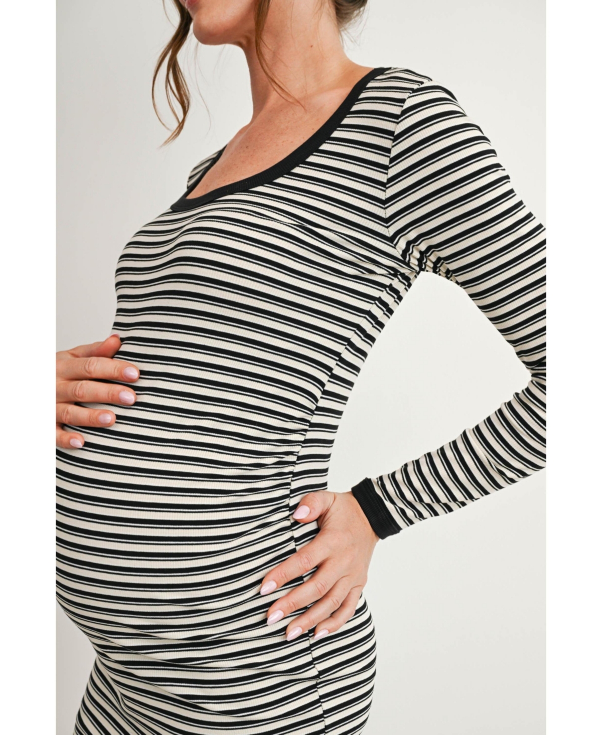Hello Miz Maternity Long-Sleeve Ribbed Striped Midi Dress