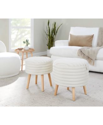 Set of 2 Storage Ottoman Faux Fur Accent Stools with Natural Wood Finish