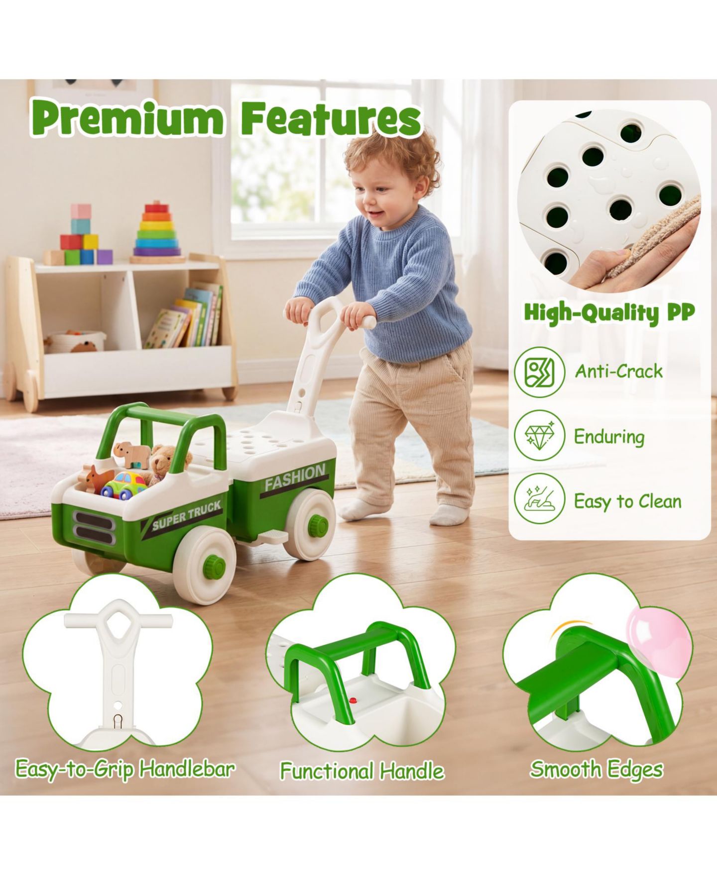 Детская игрушка Costway 4-in-1 Ride-On Push Car with Music and Under-Seat Storage, 45 lbs, Ages 18 Months-5 Years, цвет: Зелёный — фото 10