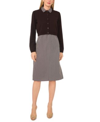 Women's Long-Sleeve Striped Cotton Midi Dress with Cardigan Sweater, 2-Piece Set