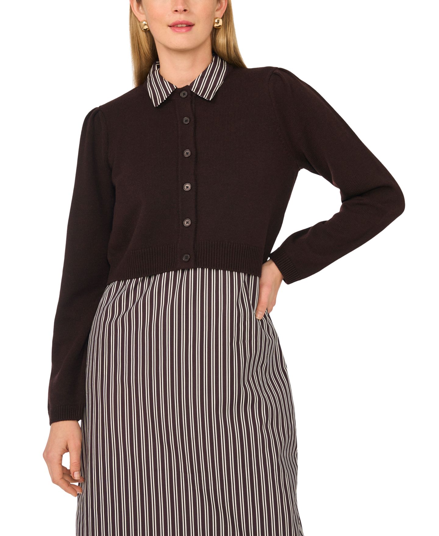 Женские платья MSK Long-Sleeve Striped Cotton Midi Dress with Cardigan Sweater, 2-Piece Set, цвет: Carob — фото 2