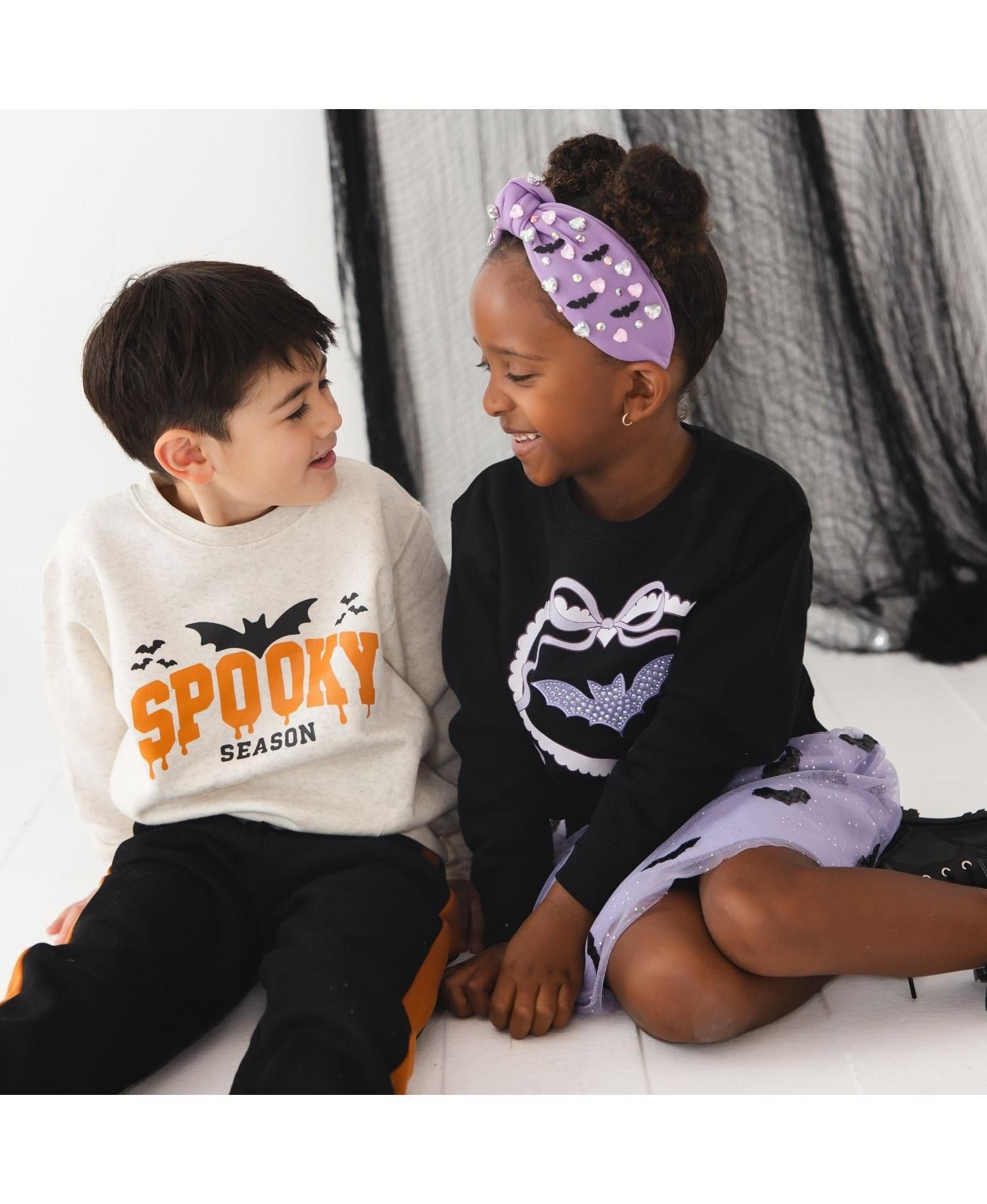 Girls' 4-16 Rhinestone Bat Patch Halloween Sensory-Friendly Sweatshirt