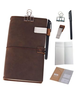 Genuine Leather Refillable Travel Journal Notebook with Pen Holder Binder Clip and Elastic Bands