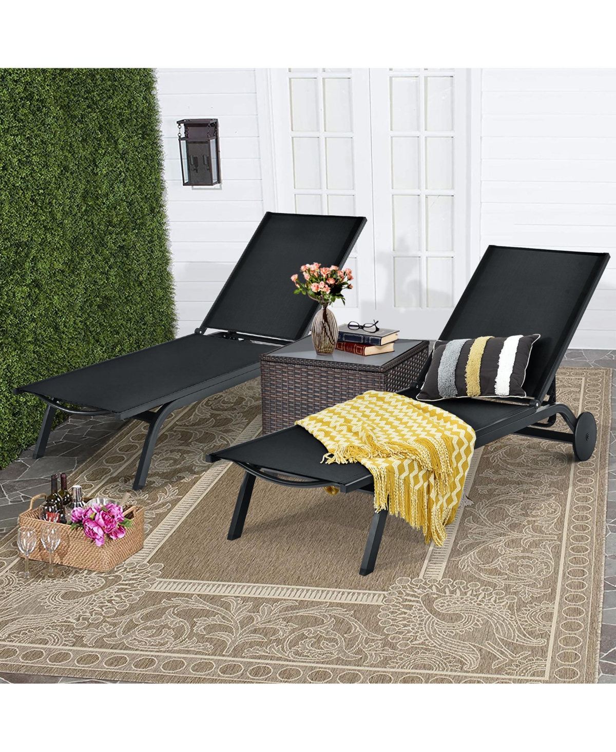 Costway 2 Piece Outdoor Patio Lounge Chair Chaise Recliner Aluminum Fabric Adjustable