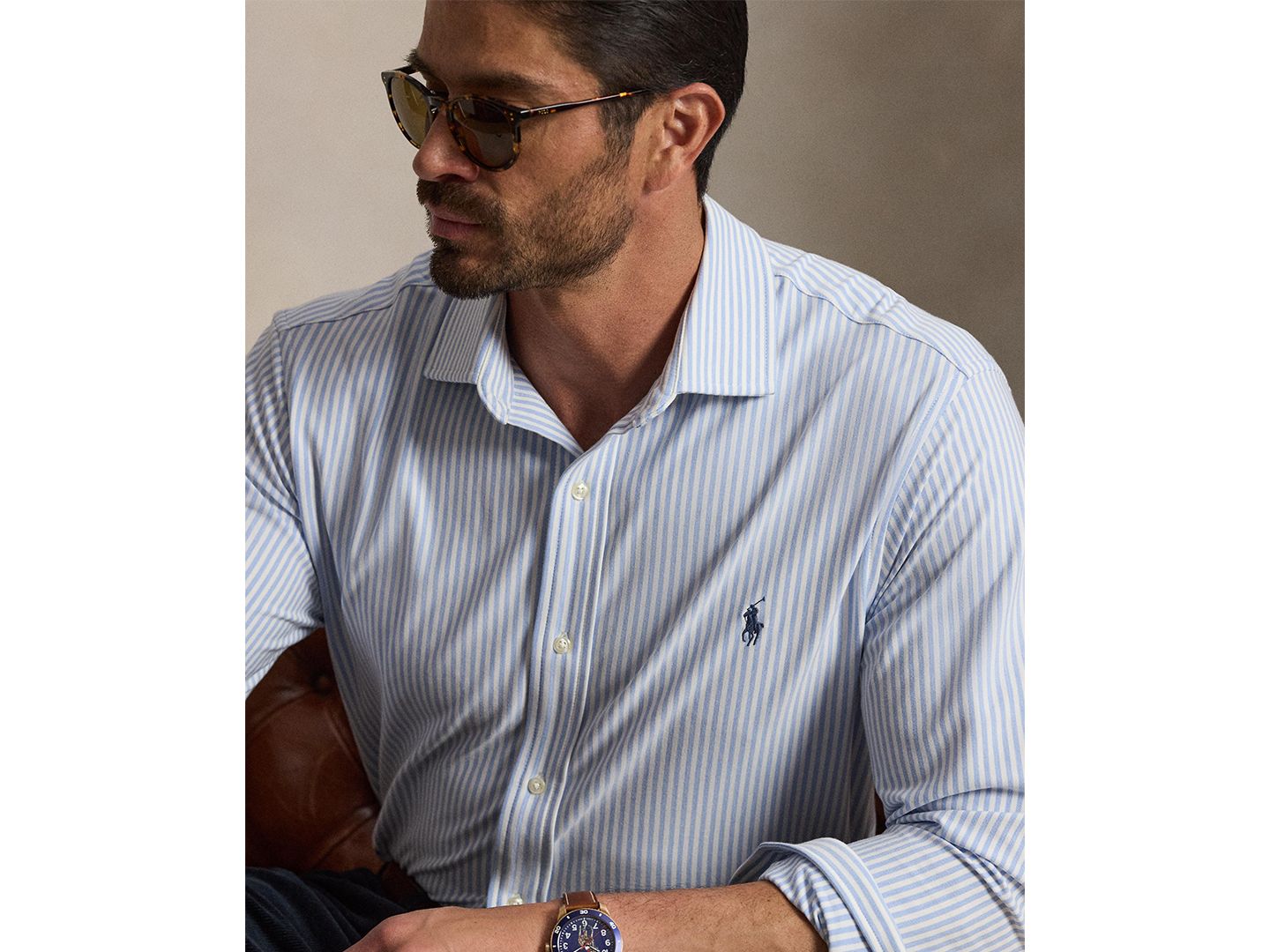 Мужская рубашка Polo Ralph Lauren Big & Tall Striped Stretch Knit Oxford, цвет: Белый / Синий — фото 3