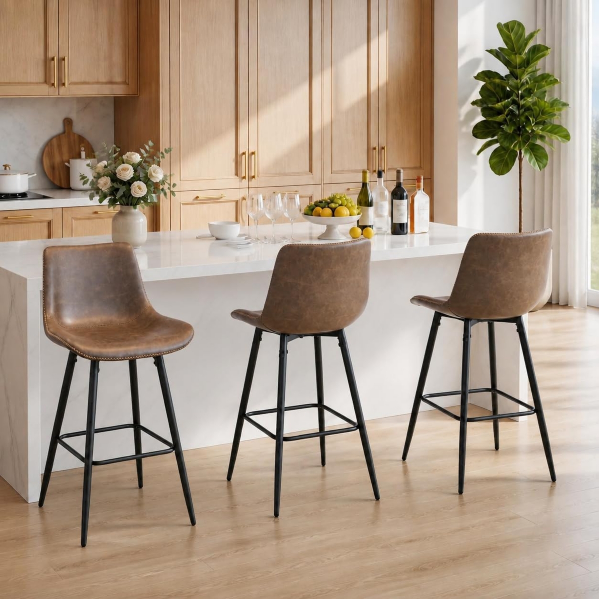 homfan Set of 3 24" Counter Height Bar Stools with Backs, Faux Leather Upholstery and Metal Legs for 34"-38" Kitchen Counters
