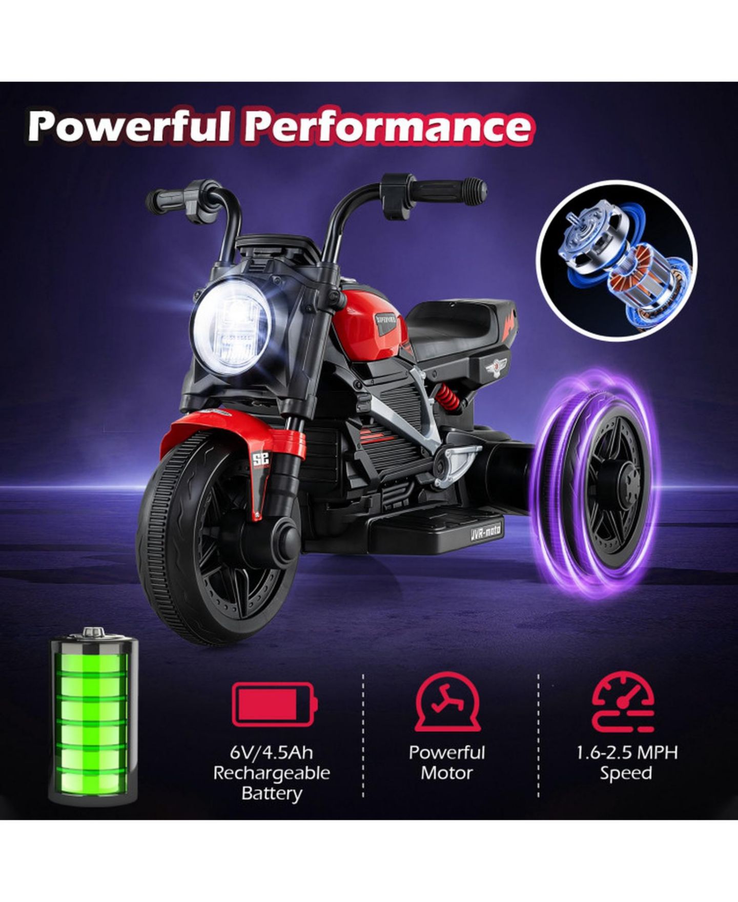 Детская игрушка SUGIFT 6V Toddler Electric Motorcycle 31" 3-Wheel with LED Headlight Ride-On Toy, Ages 3-5, цвет: Красный — фото 6