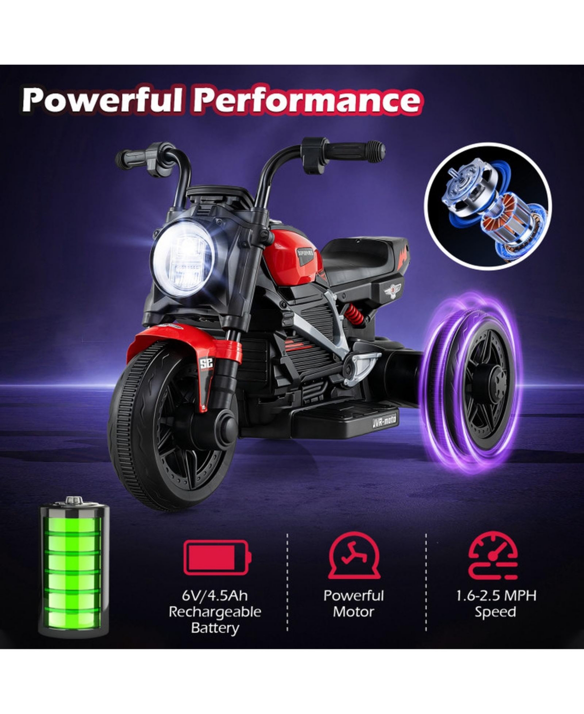 Sugift 6V Toddler Electric Motorcycle 31" 3-Wheel with Led Headlight Ride-On Toy, Ages 3-5