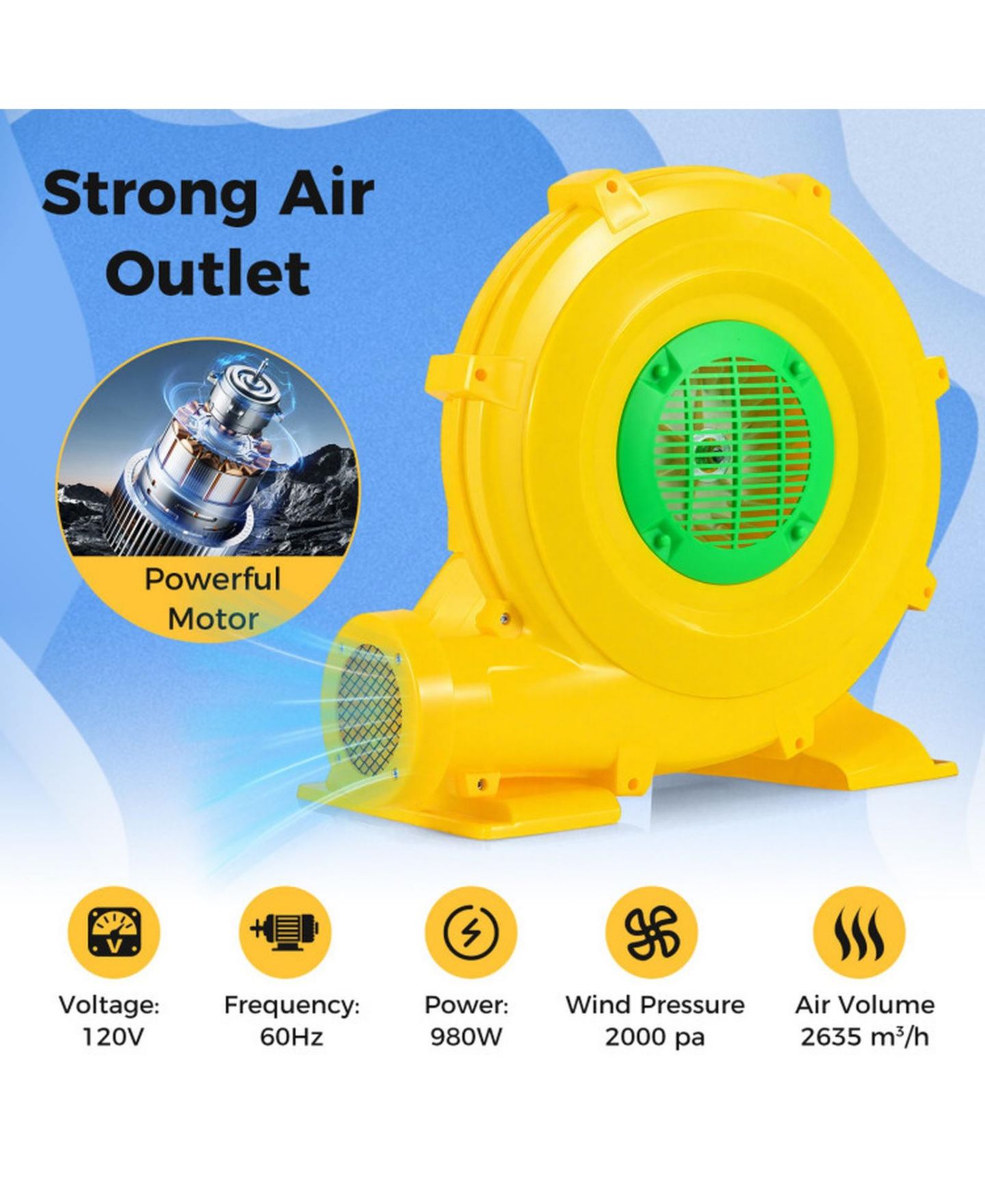 Детские фигурки SUGIFT 980W Portable Bounce House Blower 1550 CFM Air Pump Fan with Carry Handle and Ground Stakes, цвет: Жёлтый — фото 8