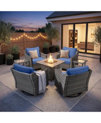 7-Piece Outdoor Conversation Set with Fire Pit Table, 4 Swivel Rocking Chairs and 2 Side Tables, All-Weather PE Rattan and Steel Frame
