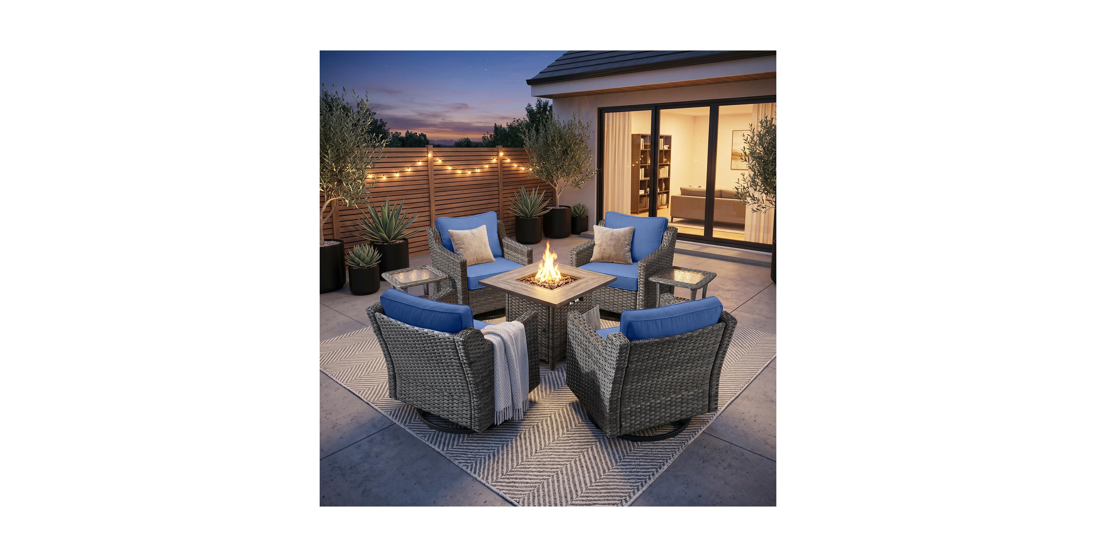 Pocassy 7-Piece Outdoor Conversation Set with Fire Pit Table, 4 Swivel Rocking Chairs and 2 Side Tables, All-Weather Pe Rattan and Steel Frame