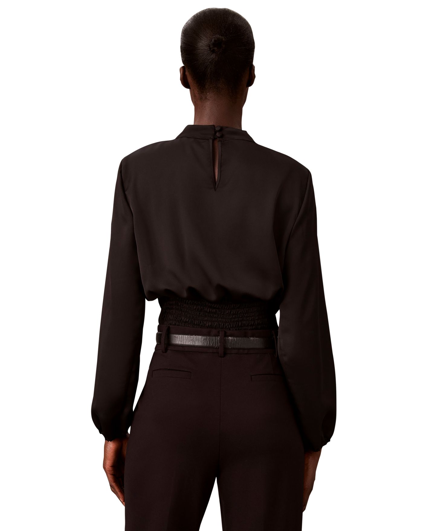 Женская блузка Calvin Klein Smocked Waist Satin Mock Neck Long-Sleeve, цвет: Чёрный — фото 4