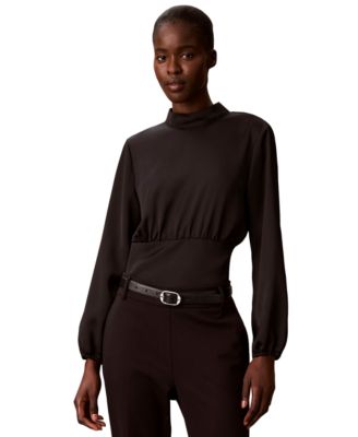 Women's Smocked Waist Satin Mock Neck Long-Sleeve Blouse