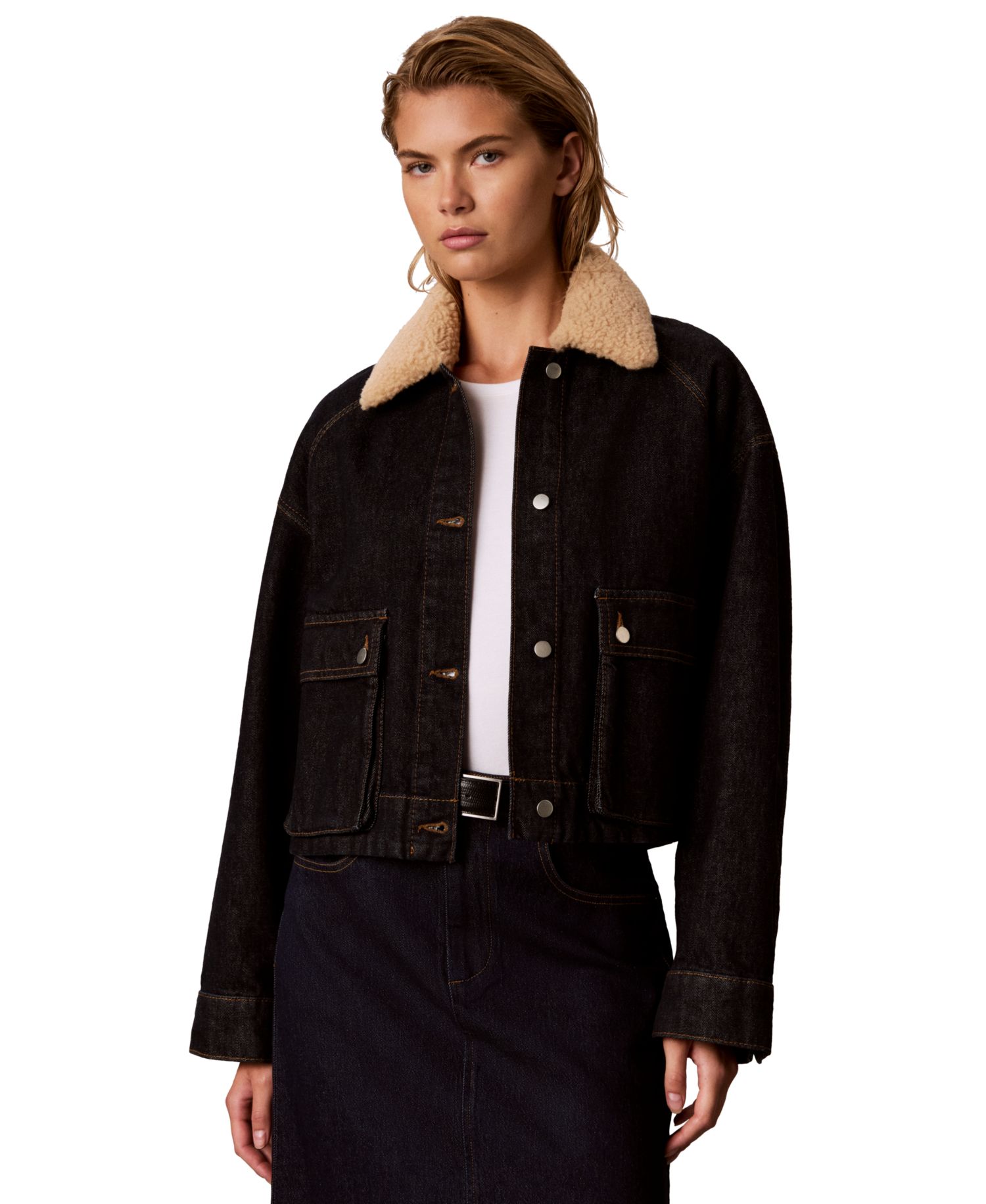 Women's Cropped Shearling-Collar Denim Jacket