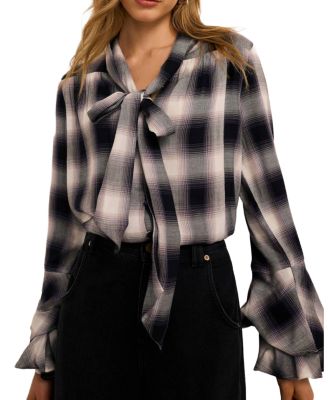 Women's Check-Print Tie Pussybow Long-Ruffle Sleeves Blouse