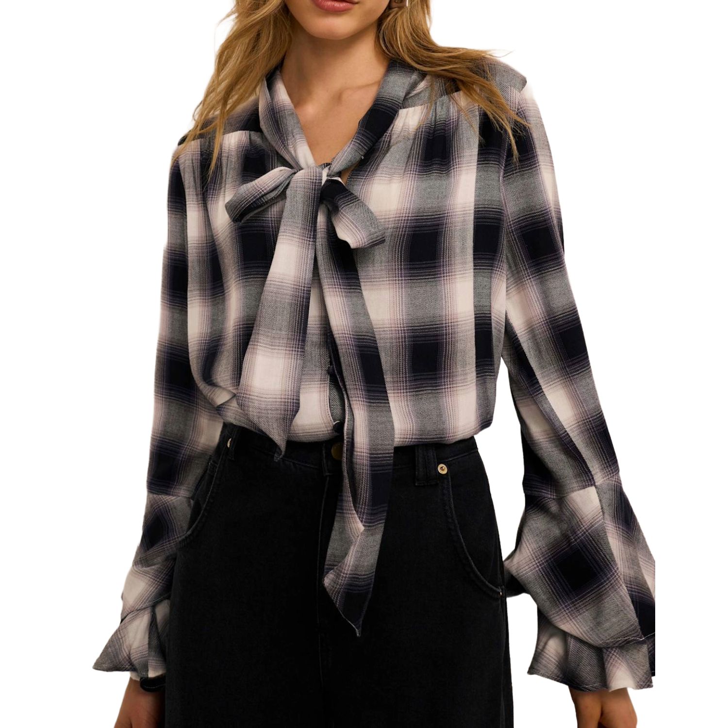 Women's Check-Print Tie Pussybow Long-Ruffle Sleeves Blouse