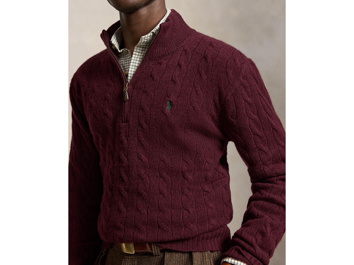 Мужской свитер Polo Ralph Lauren Cable-Knit Quarter-Zip, цвет: Винный меланжевый — фото 3
