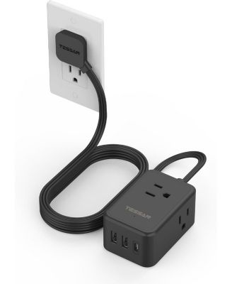5-Foot Flat-Plug Travel Power Strip with 3 AC Outlets and 3 USB Ports, Compatible with Most USB Devices