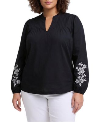 Plus Size Belle Isle V-Neck Bishop Sleeve Embroidered Blouse