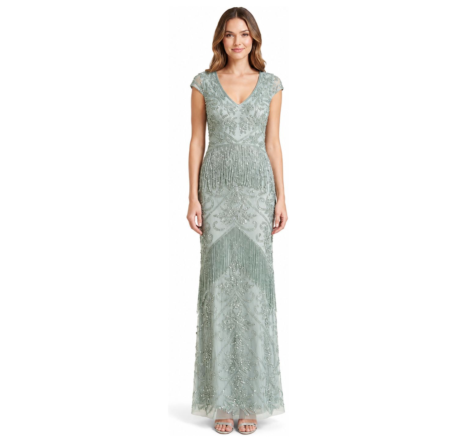 Plus Size Cap-Sleeve Beaded Fringe Gown