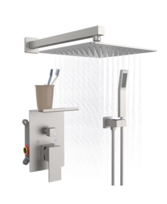 Brushed Nickel 10 Inch Square Rainfall Shower System with Storage Rack High Pressure Wall Mount Luxury Shower Set