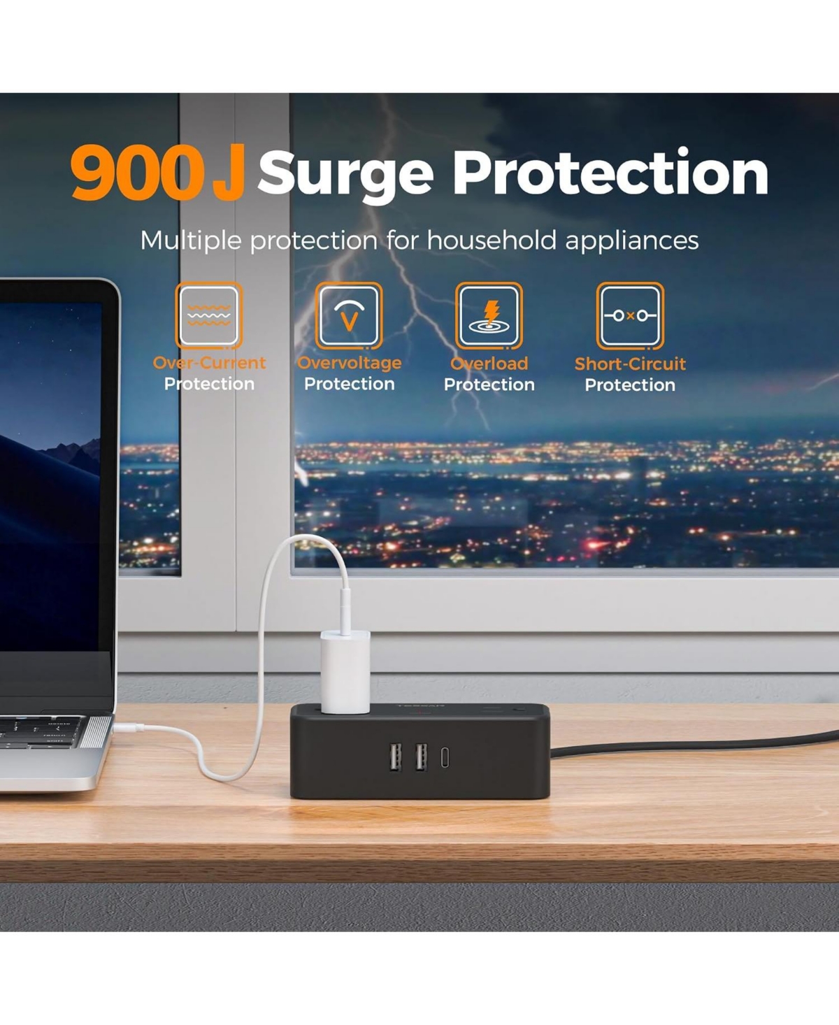 Tessan 5-Foot Surge Protection Power Strip with 4 Ac Outlets and 3 Usb Ports, Compatible with North American Plugs