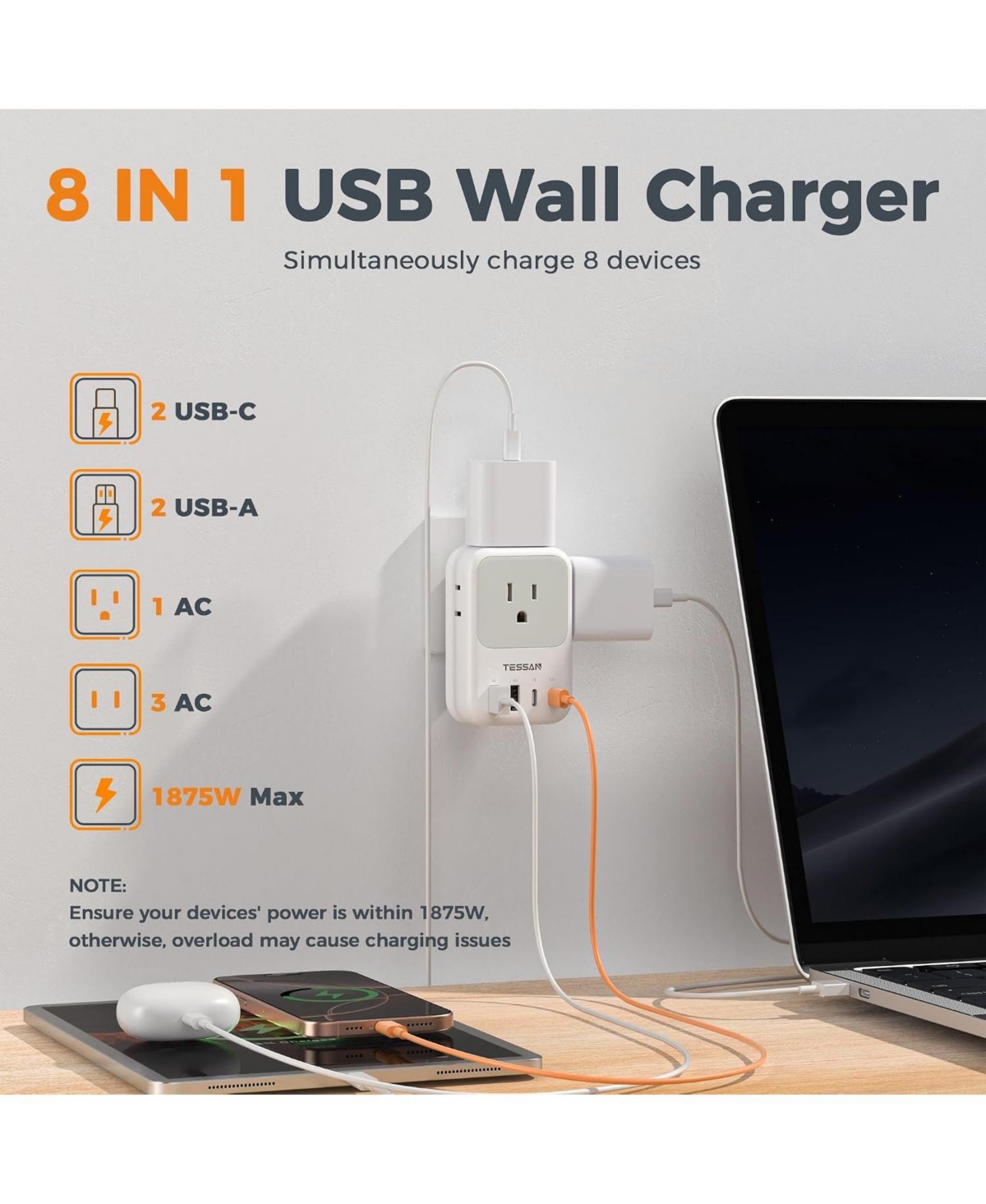 Tessan 20W Usb-c Foldable Wall Charger with Ac Outlets and Usb Ports for Compatible Devices