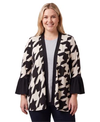Plus Size Open Front Bell Sleeve Houndstooth Cardigan