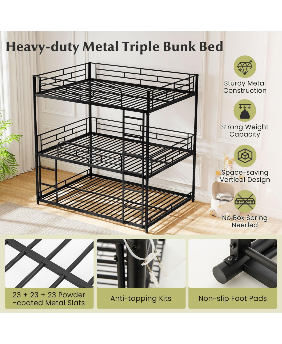 Sugift Metal Triple Bunk Bed with Safety Guardrails and 2 Ladders