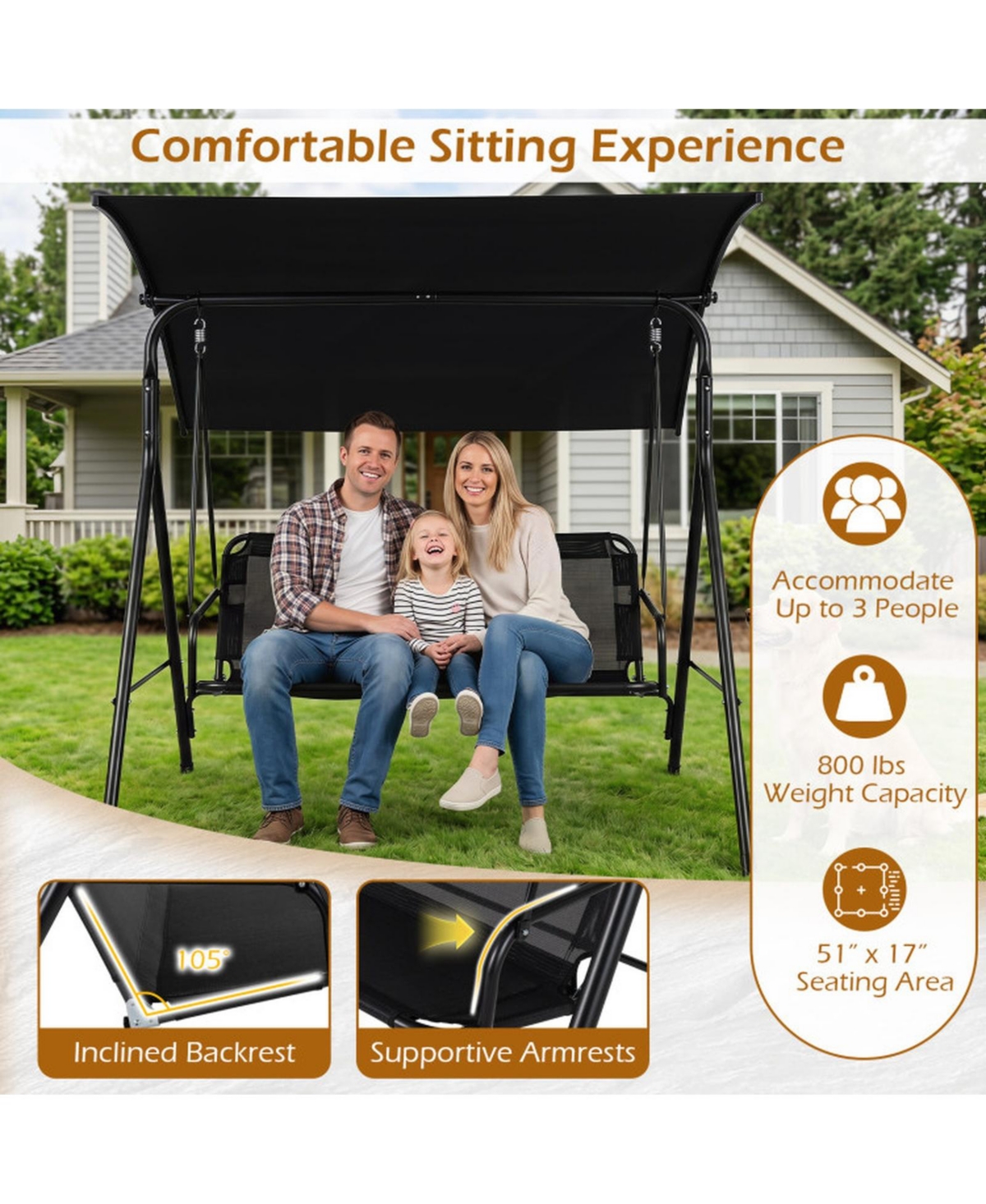 Sugift 3-Seat Outdoor Patio Swing Chair with Breathable Mesh Fabric
