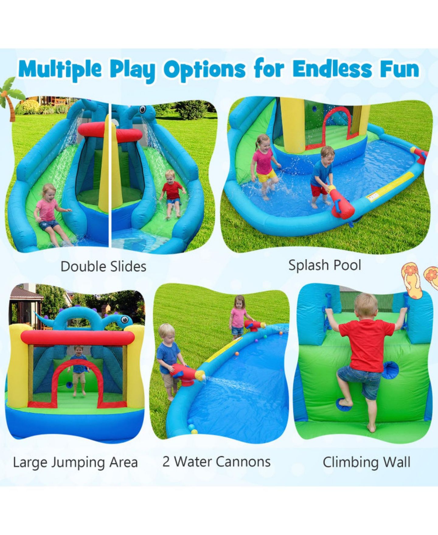 Детская игрушка HONGGE Dinosaur-Themed Double-Slide Inflatable Bounce House with Splash Pool, 158" x 136" x 82.5", For 3 Players, Ages 3-10, цвет: Синий разноцветный — фото 8