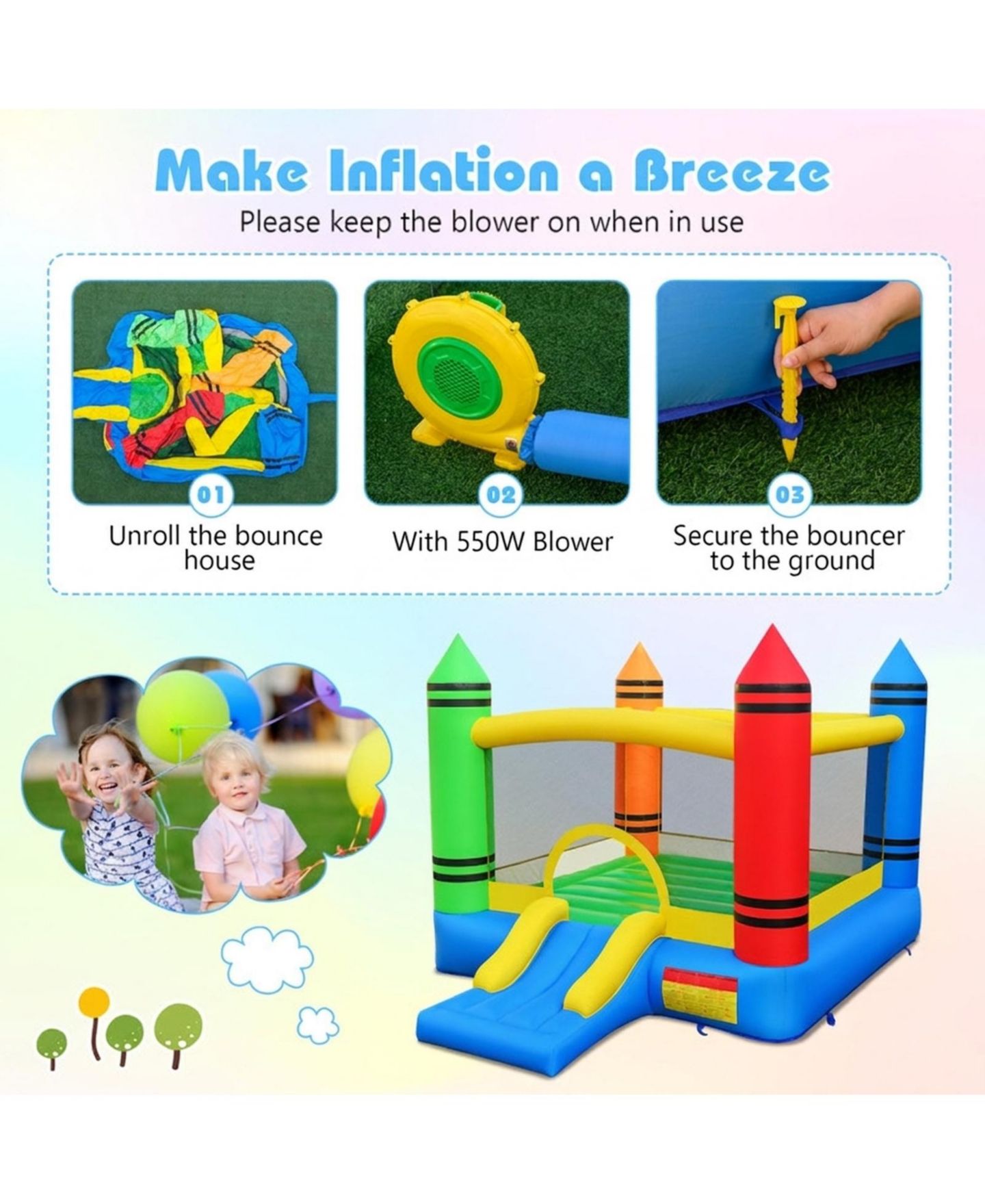Детская игрушка HONGGE 2-in-1 Crayon Themed Inflatable Bounce House, Accommodates Up to 2 Children, Ages 3-12, цвет: Синий / Жёлтый — фото 6