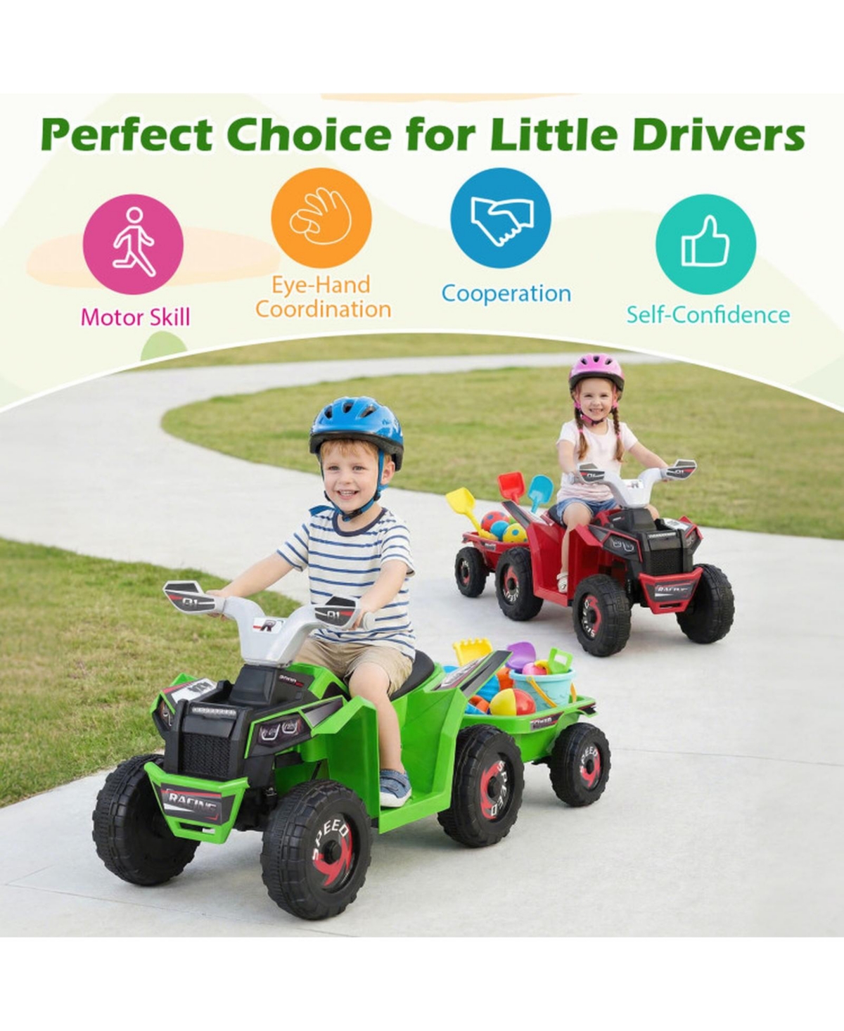 Hongge 6V Kids Electric Atv Quad with Detachable Cargo Trailer, 2-Piece Set, Ages 3+