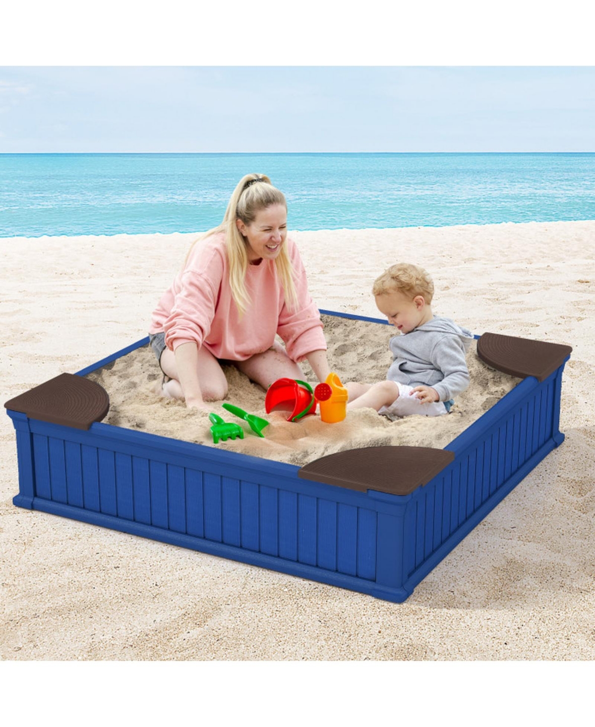 Hongge Kids 48.5" Square Outdoor Sandbox with Waterproof Oxford Cover and 4 Corner Seats, Ages 3+