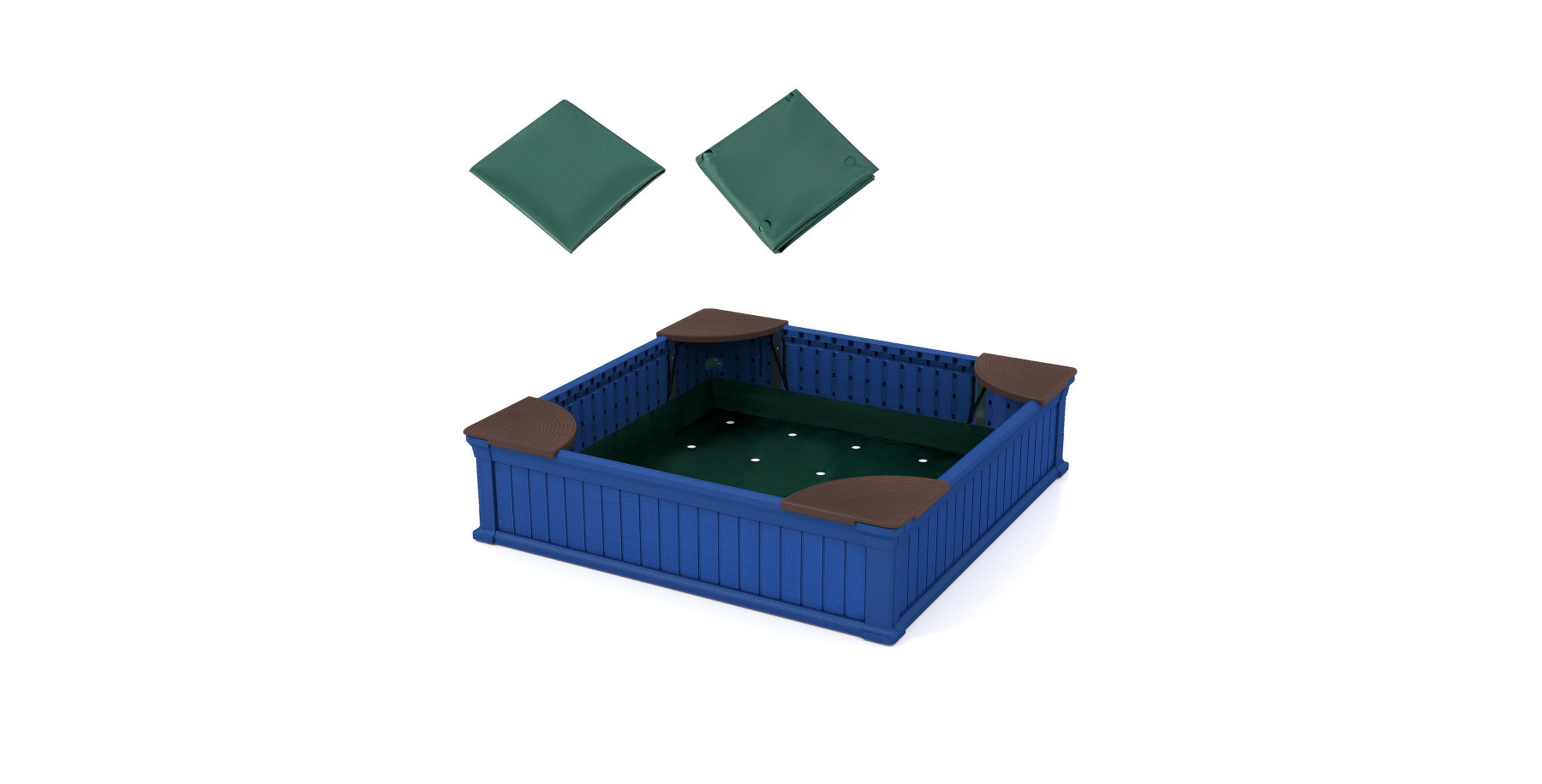 Hongge Kids 48.5" Square Outdoor Sandbox with Waterproof Oxford Cover and 4 Corner Seats, Ages 3+