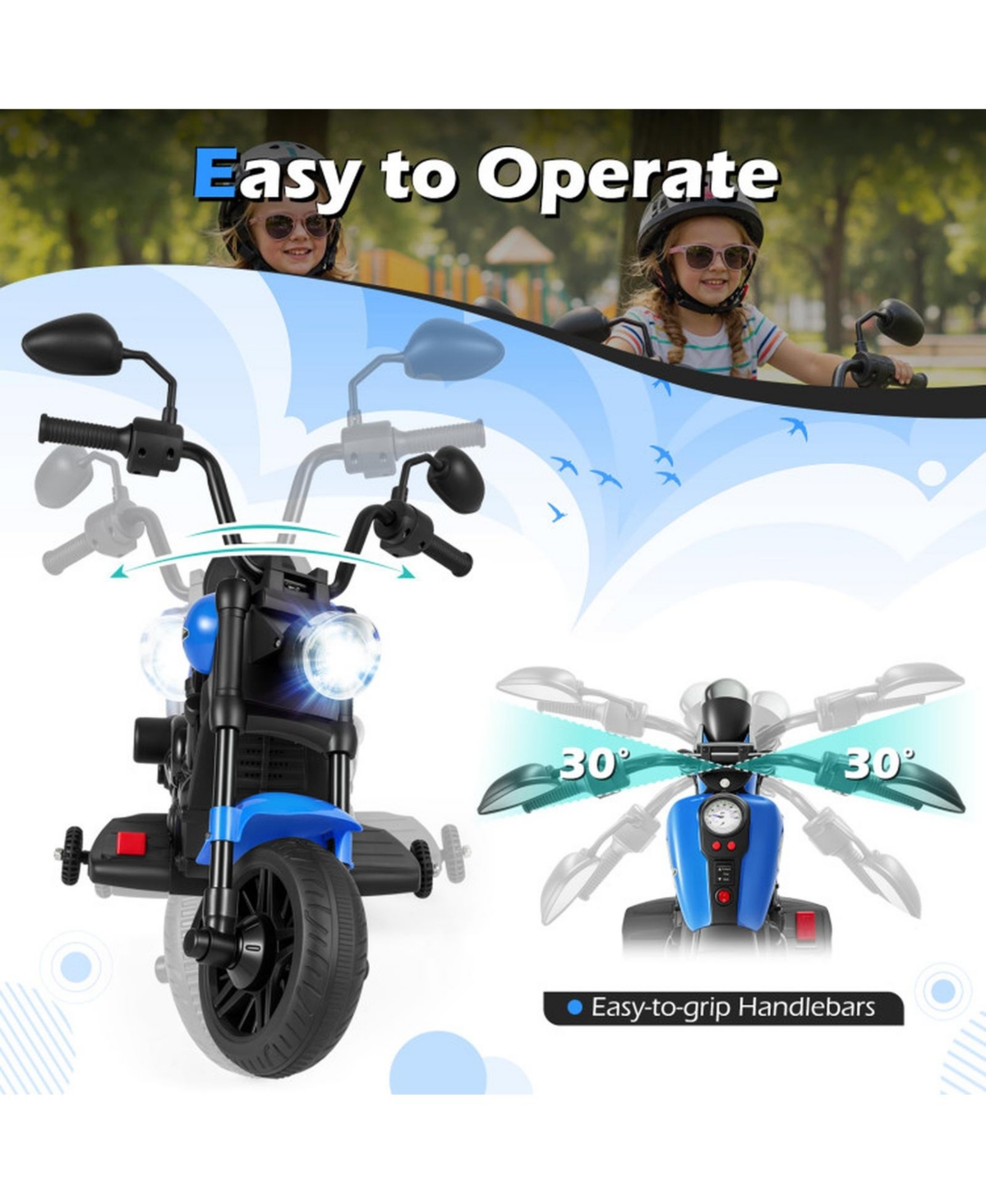 Hongge 6V Kids Ride-On Motorcycle with Led Headlights, Music & Training Wheels, 66-lb. Capacity, Ages 18 Months+