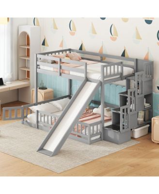 Full Bunk Bed with Slide, Storage Staircase, Pine Bunk Bed with Safety Guardrails