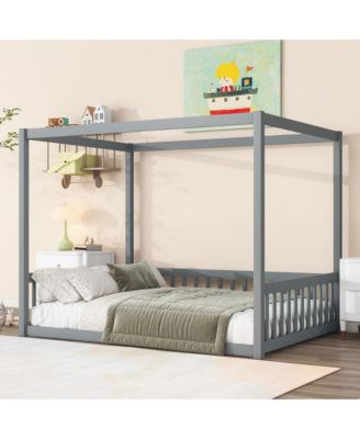 Canopy Frame Rubber Wood Floor Bed with Fence, Guardrails
