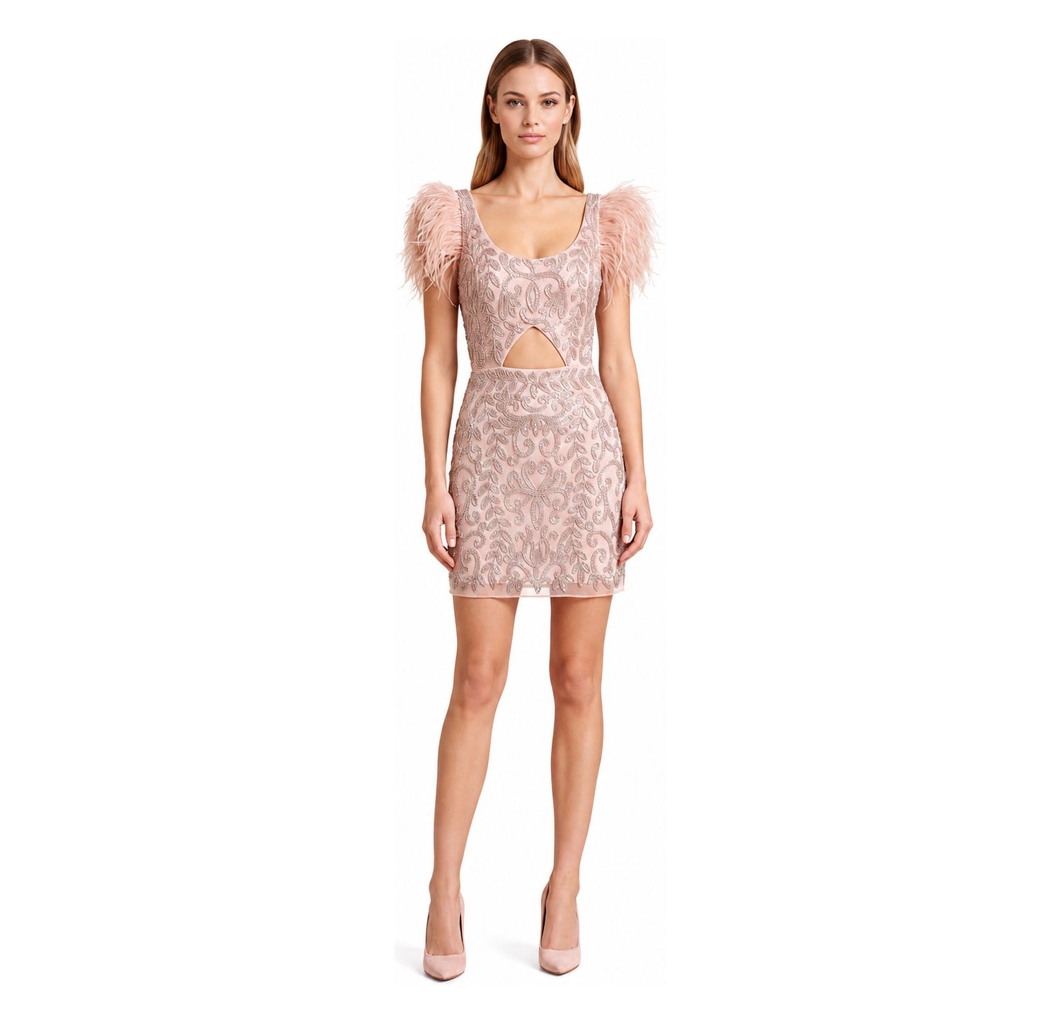 Women's Beaded Cocktail Dress with Feathers