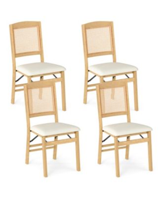 Set of 4 Folding Dining Chairs with Rubber Wood Frame and Linen Padded Seat