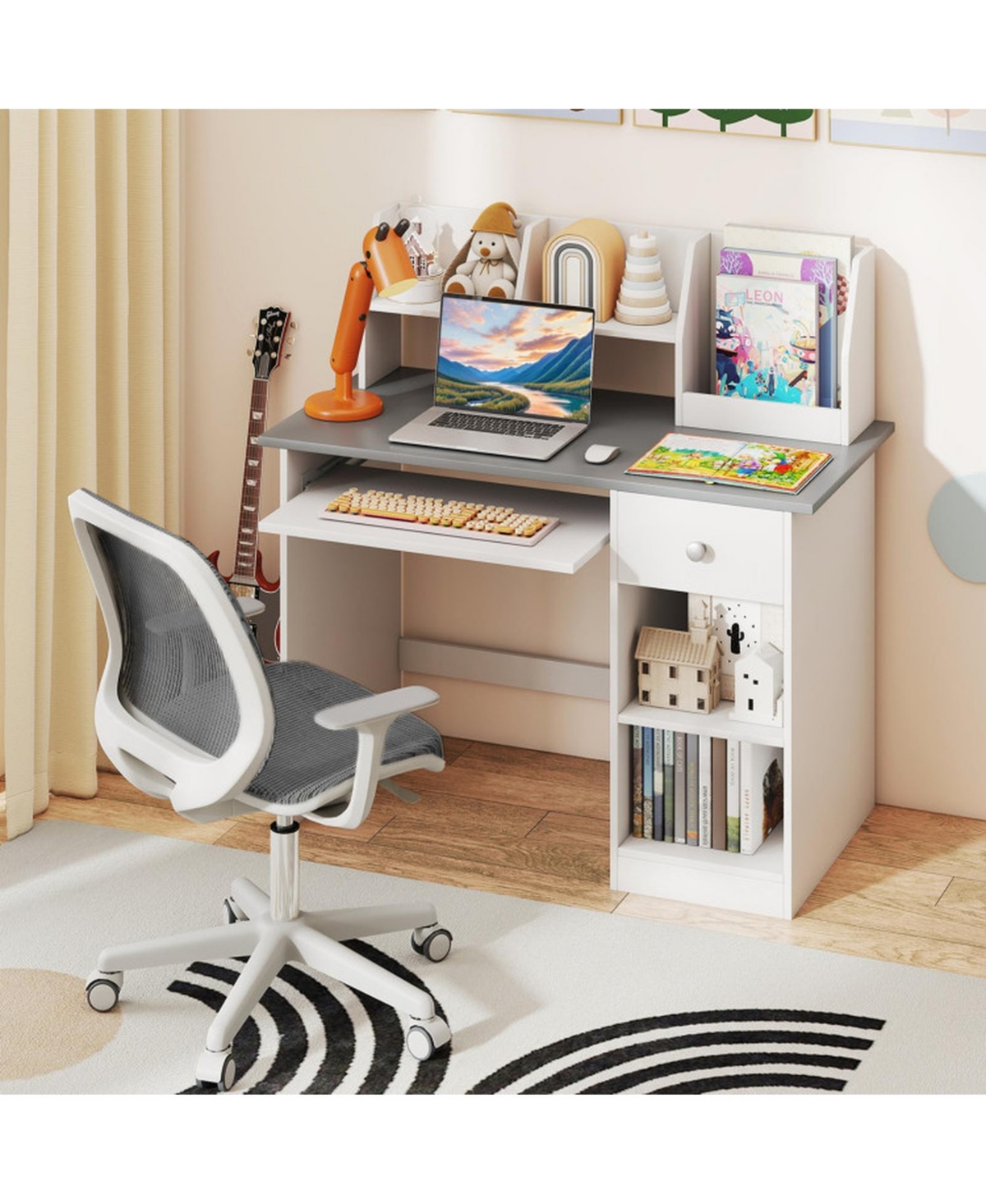 Sugift Kids Study Desk Writing Table with Hutch Drawer Shelves Keyboard Tray 35.5 x 18 x 35.5inch
