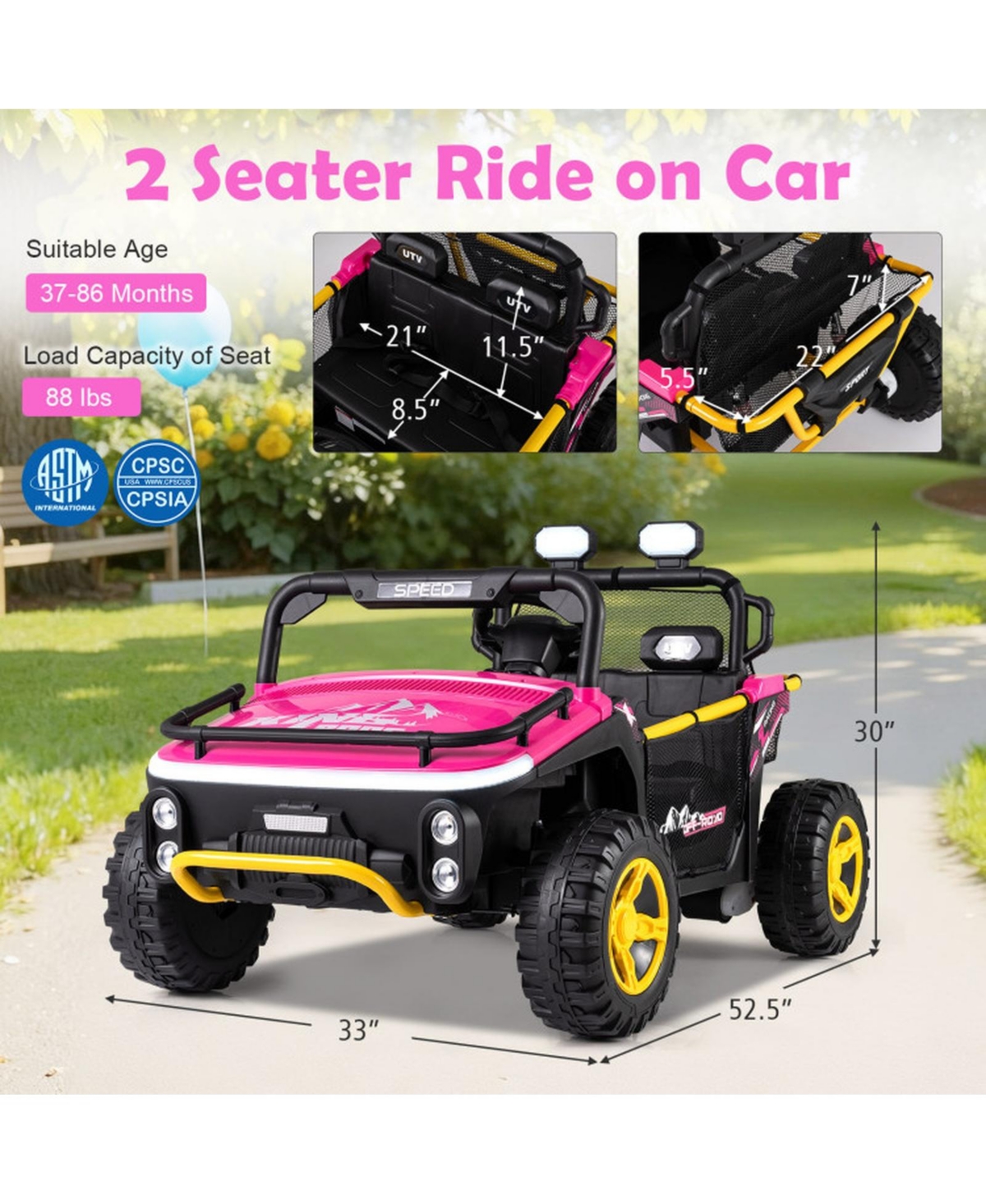 Hongge 24V 2-Seater Remote Control Kids' Ride-On Utv Truck, 88 lbs Capacity, Ages 3-7