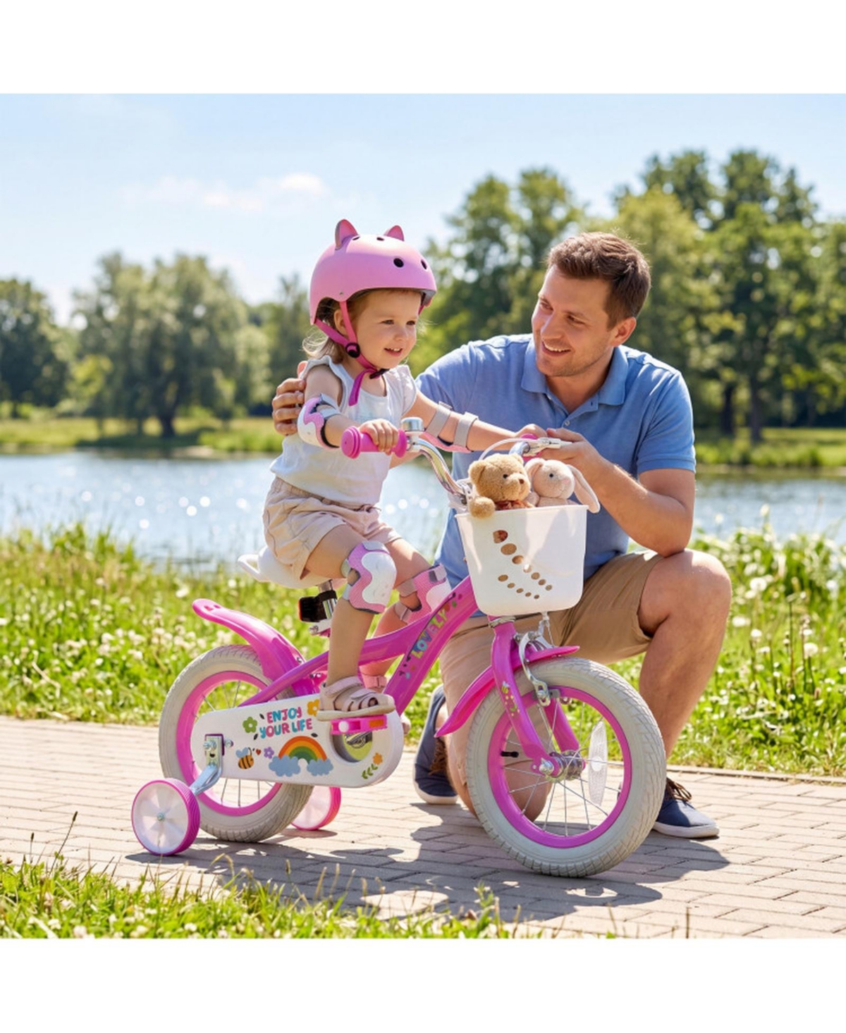 Hongge 12 in Girls Bicycle with Training Wheels, Adjustable Seat, Front Basket, 110 lb Capacity, Ages 3-4