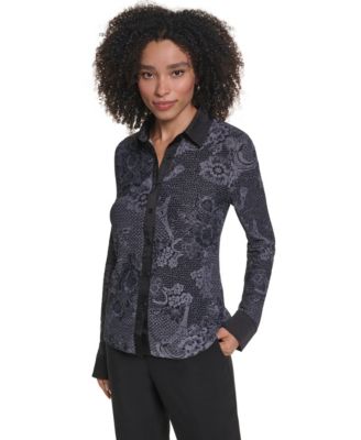 Petite KL2008 Long-Sleeve Button-Up Point Collar Blouse