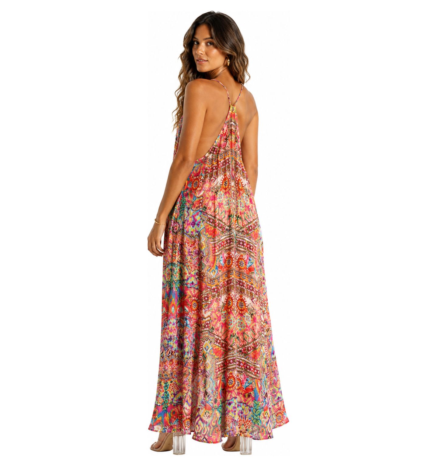 Женское платье La Moda Clothing Halter Plunging V-Neck High-Low Maxi, цвет: Коралловый разноцветный — фото 3