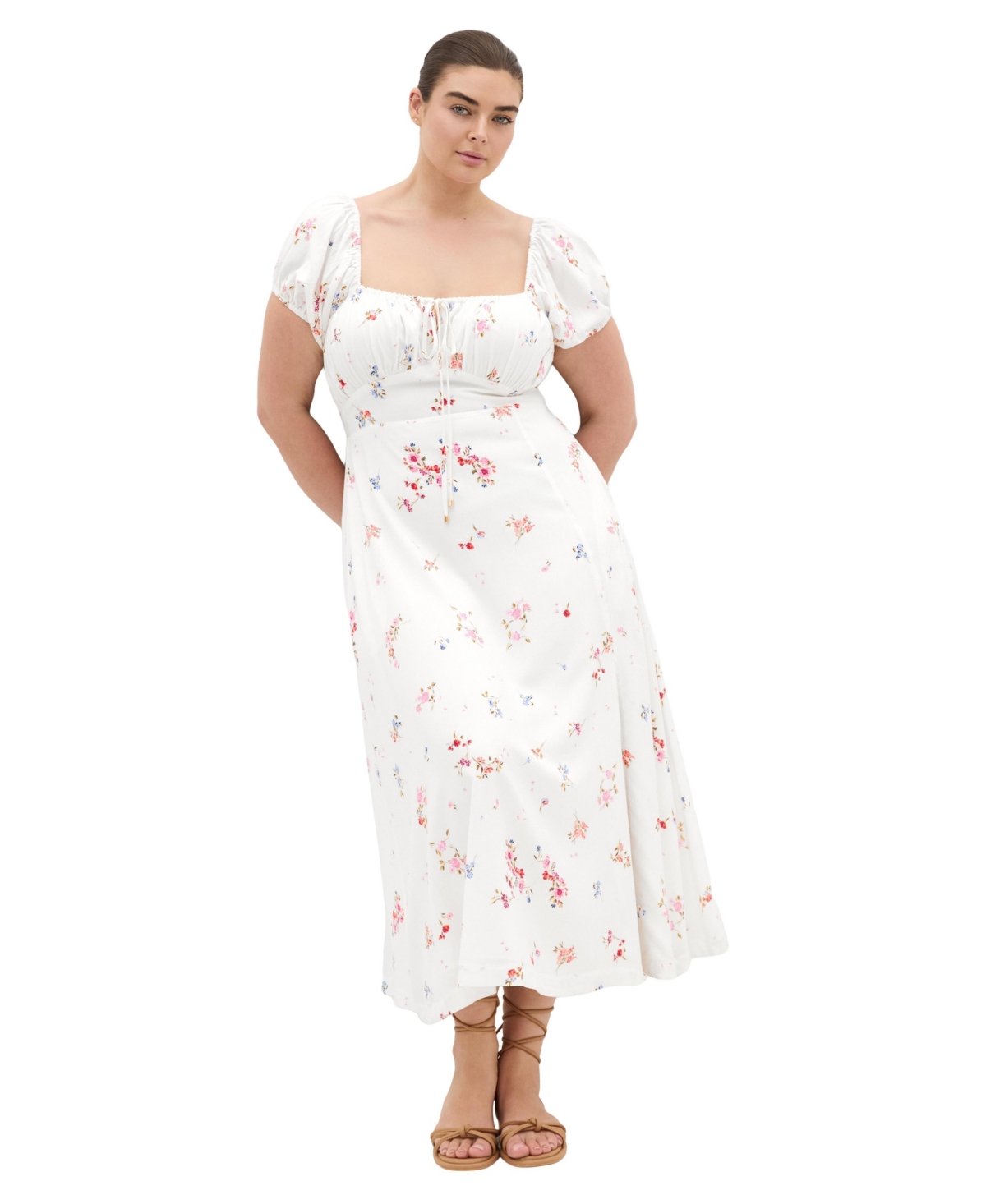 City Chic Plus Abbie Petal-Print Short-Sleeve Sweetheart-Neck Midi Dress