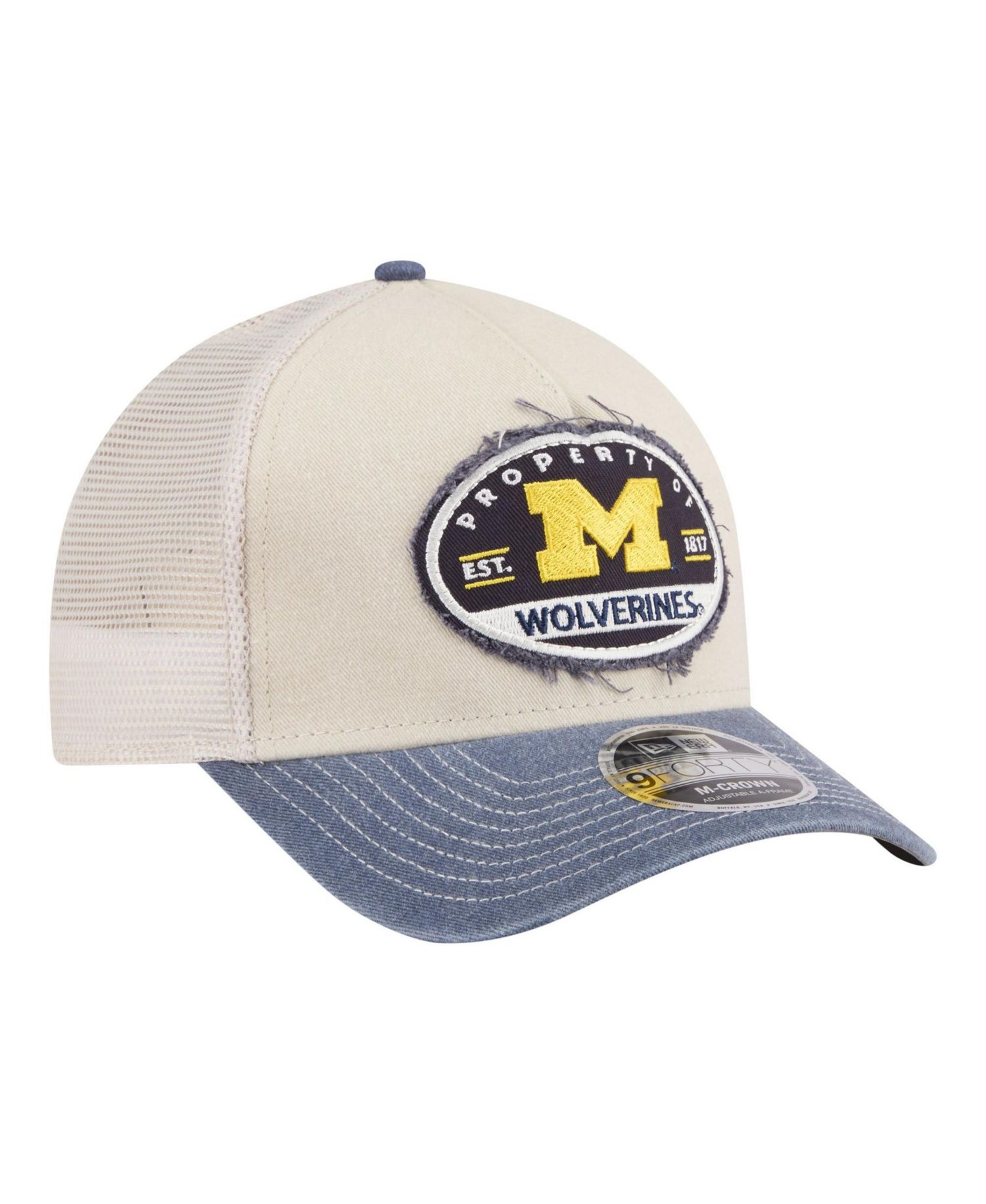 Men's Stone/Navy Michigan Wolverines Frayed Patch 9FORTY M-Crown A-Frame Trucker Adjustable Hat